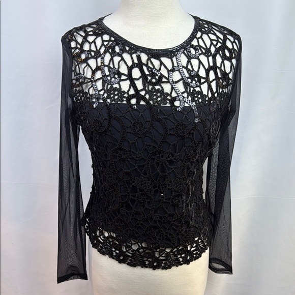 Blushe Tops - Blushe Black Lace and Sequins Fitted Blouse with Sheer Long Sleeves, Size 12
